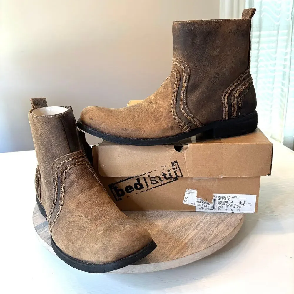 Bed Stu Revolution Boots Men's Sz 10 Tan Brown Distressed Leather Side Zip NIB